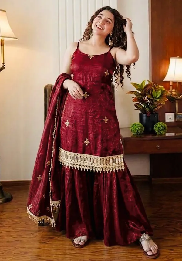 Maroon_Shimmer_Mirror_Work_Sharara_Suit_For_Women
