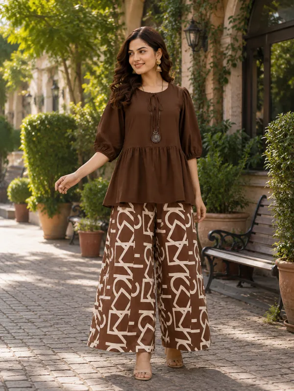 Women’s_Brown_Peplum_Top_with_Printed_Palazzo_Pants_Co-Ord_Set