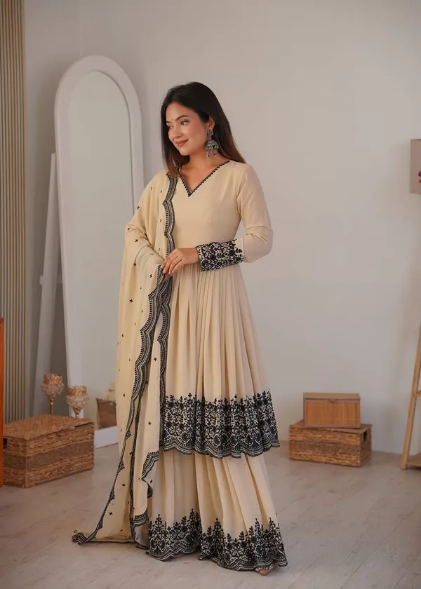 Beige_Georgette_Embroidered_Anarkali_Sharara_Set_For_Women