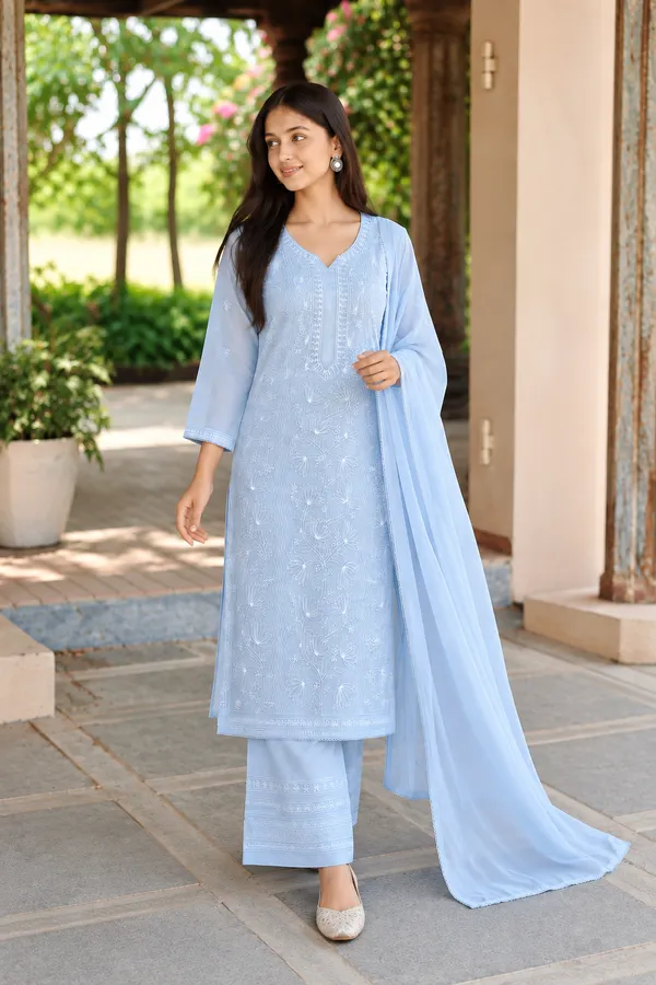 White_Georgette_Chikankari_Embroidery_Kurta_With_Pant_And_Dupatta_For_Women