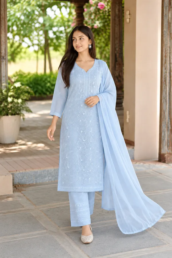 White_Georgette_Chikankari_Embroidery_Kurta_With_Pant_And_Dupatta_For_Women