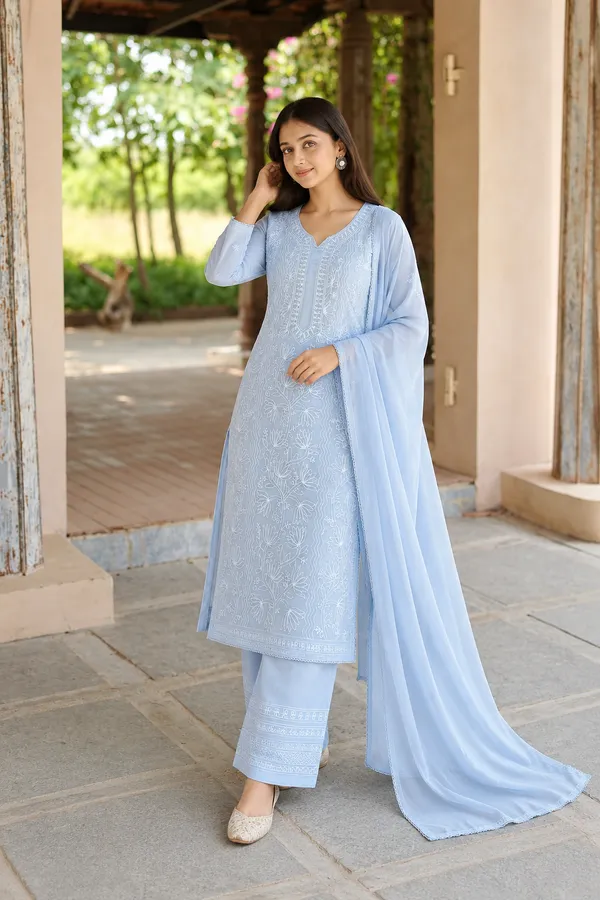 White_Georgette_Chikankari_Embroidery_Kurta_With_Pant_And_Dupatta_For_Women