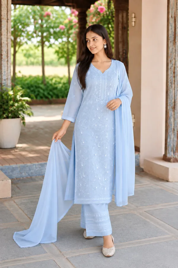 White_Georgette_Chikankari_Embroidery_Kurta_With_Pant_And_Dupatta_For_Women