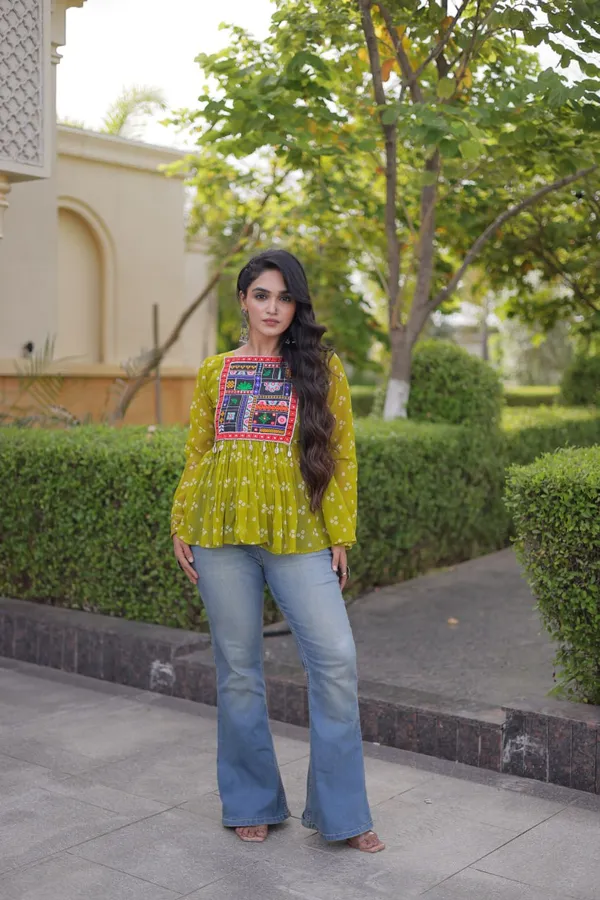 Women’s_Olive_Green_Printed_Embroidered_Peplum_Top_with_Multicolor_Mirror_Work