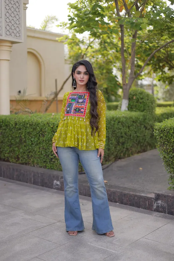 Women’s_Olive_Green_Printed_Embroidered_Peplum_Top_with_Multicolor_Mirror_Work