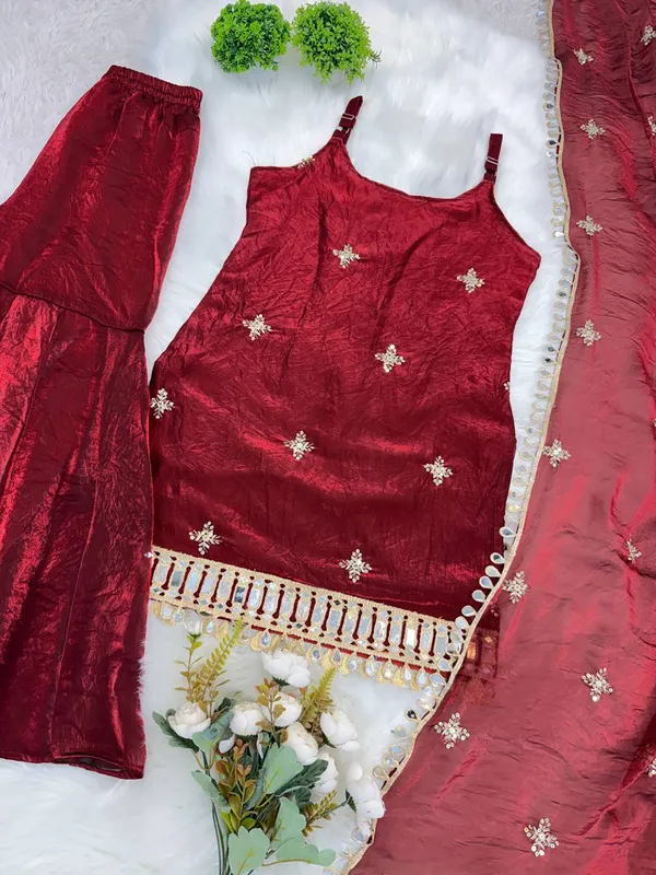 Maroon_Shimmer_Mirror_Work_Sharara_Suit_For_Women