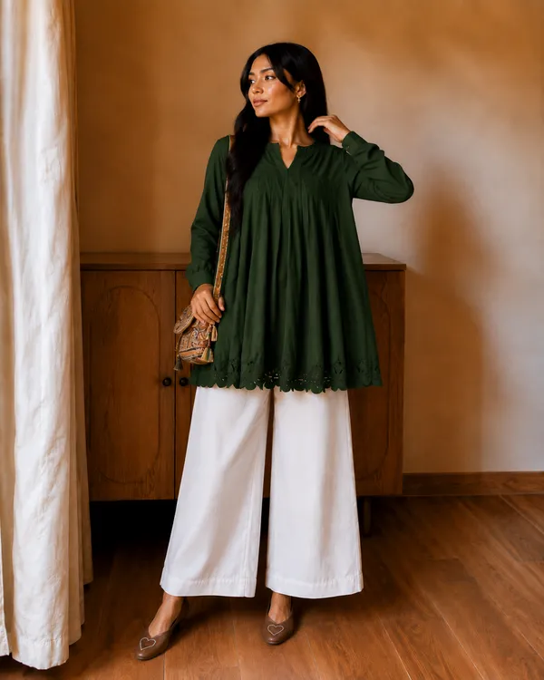 Green_Flared_Tunic_Top_with_White_Wide_Leg_Palazzo_Pants