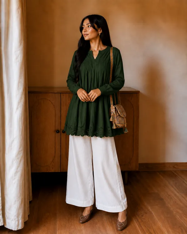 Green_Flared_Tunic_Top_with_White_Wide_Leg_Palazzo_Pants