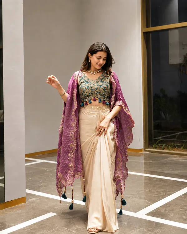 Cream_Draped_Saree_with_Floral_Embroidered_Blouse_&_Purple_Dupatta