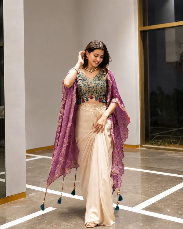 Cream_Draped_Saree_with_Floral_Embroidered_Blouse_&_Purple_Dupatta