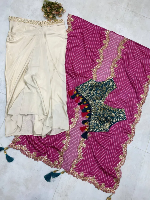 Cream_Draped_Saree_with_Floral_Embroidered_Blouse_&_Purple_Dupatta