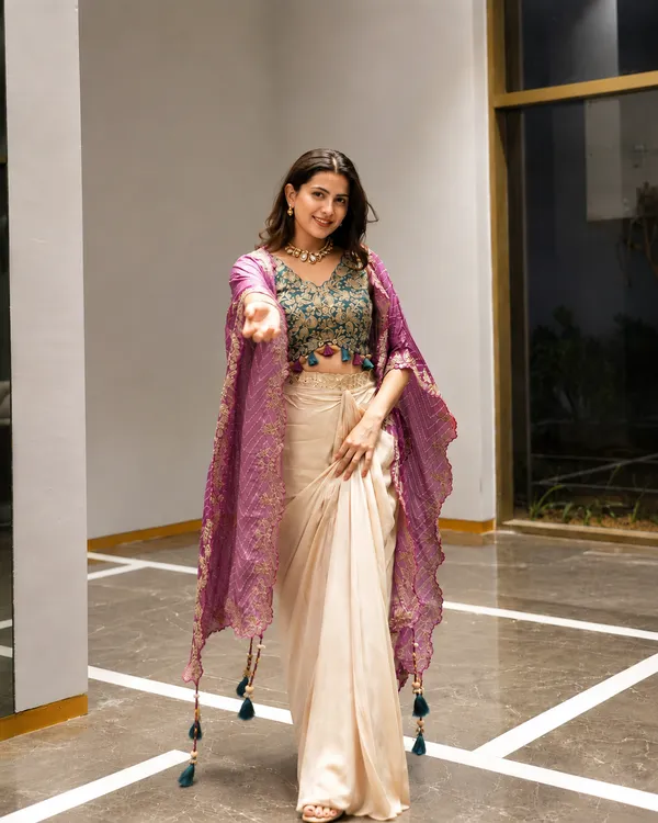 Cream_Draped_Saree_with_Floral_Embroidered_Blouse_&_Purple_Dupatta