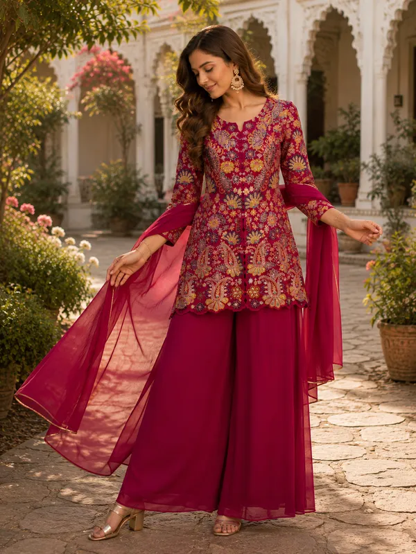 Wine_Embroidered_Kurta_with_Palazzo_&_Dupatta_Set