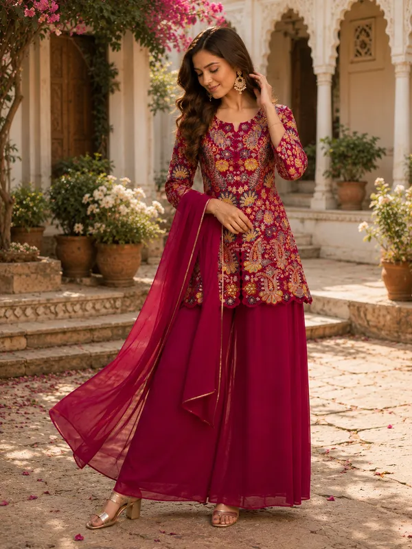 Wine_Embroidered_Kurta_with_Palazzo_&_Dupatta_Set