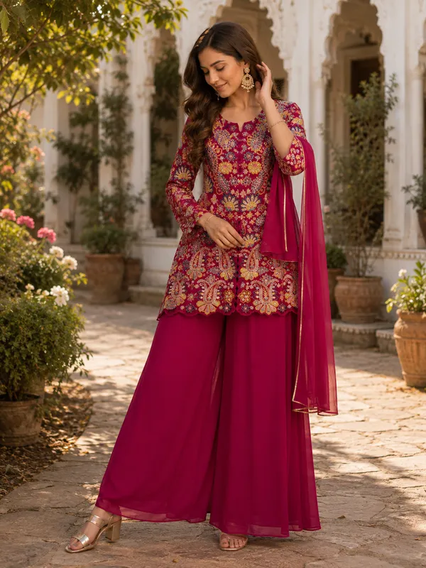 Wine_Embroidered_Kurta_with_Palazzo_&_Dupatta_Set