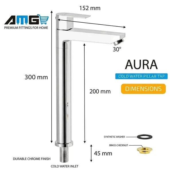 AMG_Aura_Brass_Extended_Tall_Body_Pillar_Cock_12_Inch_Tap_For_Wash_Basin_Deck_Mounted_Cold_Water_Tap_Not_Hot_Cold_Mixer_Counter_Top_Table_Top_Faucet_Foam_Flow_Chrome_Finish
