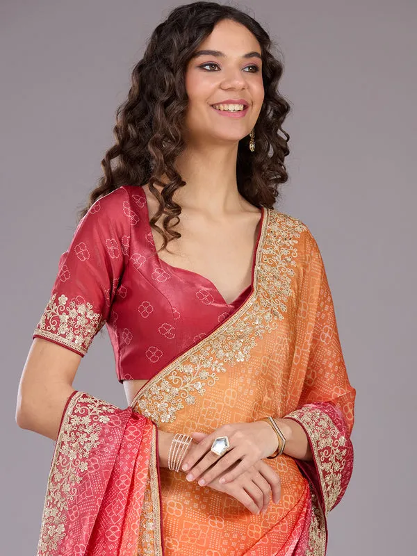 Orange_Organza_Bandhej_Cording_Saree_With_Matching_Blouse_Piece