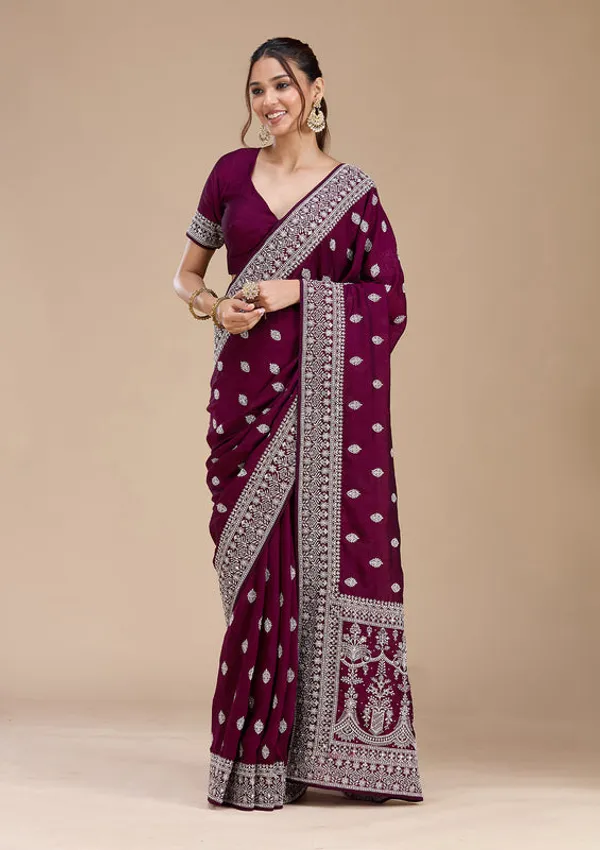 Wine_Soft_Raw_Silk_Silver_Zariwork_Saree_With_Matching_Blouse_Piece