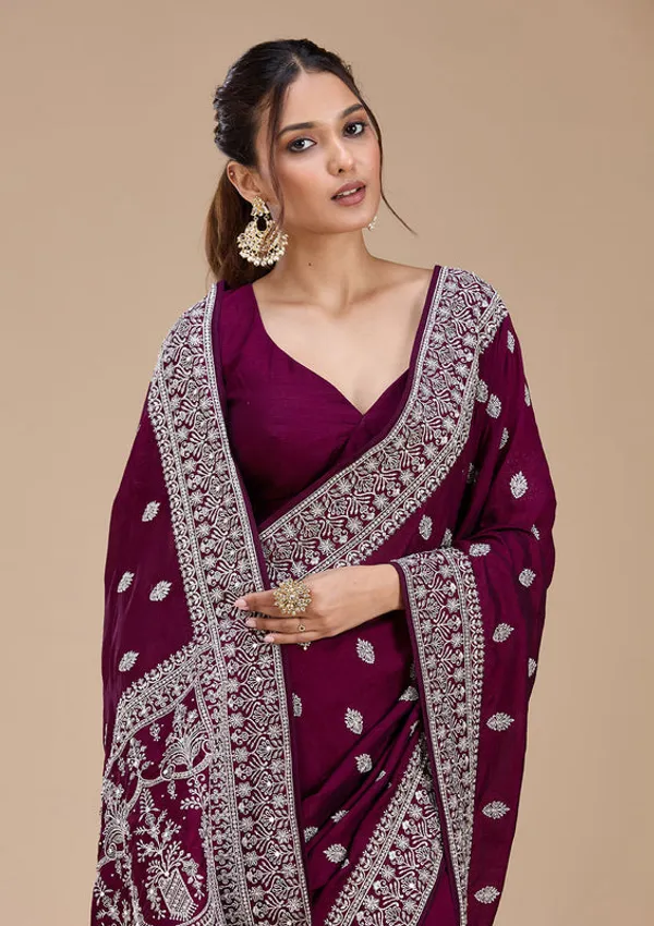 Wine_Soft_Raw_Silk_Silver_Zariwork_Saree_With_Matching_Blouse_Piece