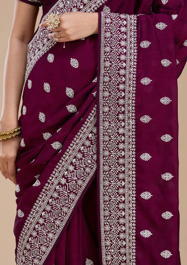 Wine_Soft_Raw_Silk_Silver_Zariwork_Saree_With_Matching_Blouse_Piece
