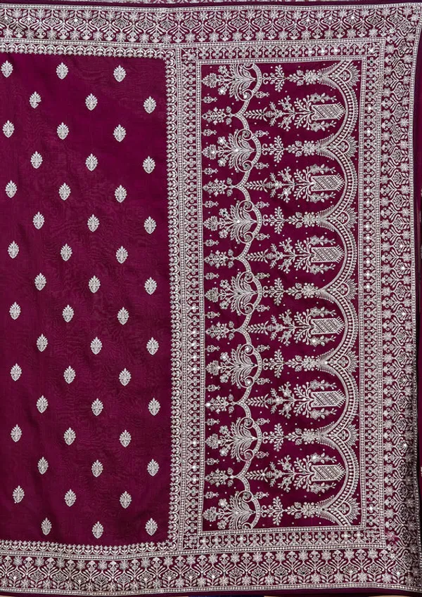 Wine_Soft_Raw_Silk_Silver_Zariwork_Saree_With_Matching_Blouse_Piece