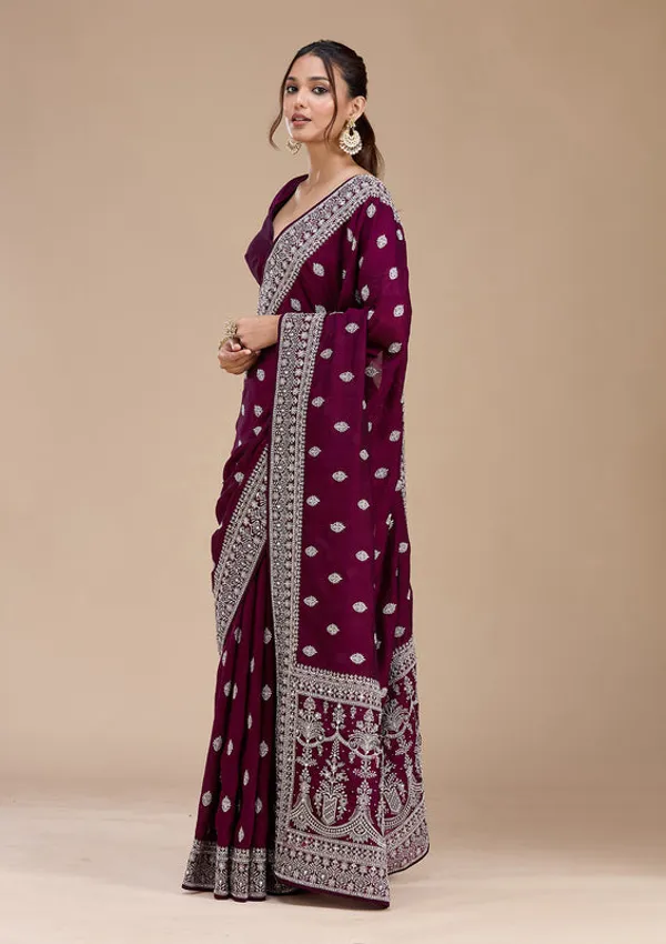 Wine_Soft_Raw_Silk_Silver_Zariwork_Saree_With_Matching_Blouse_Piece