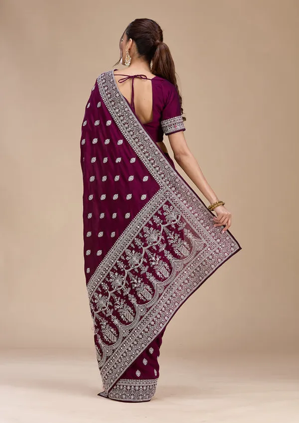 Wine_Soft_Raw_Silk_Silver_Zariwork_Saree_With_Matching_Blouse_Piece