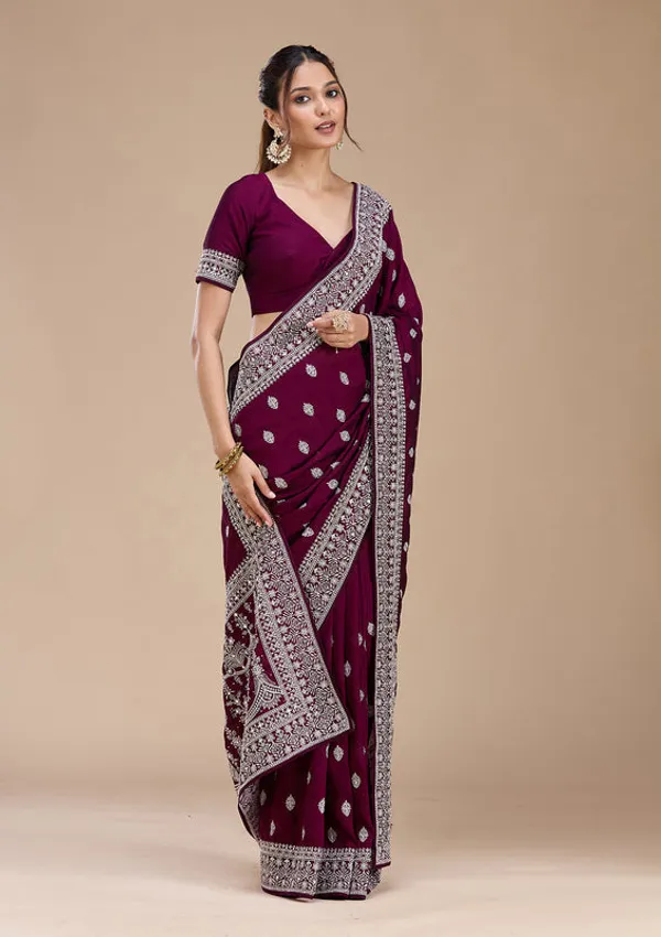 Wine_Soft_Raw_Silk_Silver_Zariwork_Saree_With_Matching_Blouse_Piece