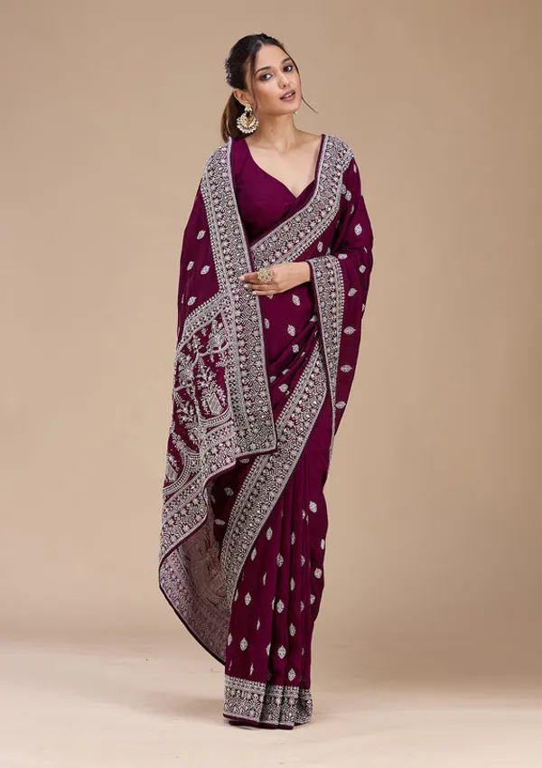 Wine_Soft_Raw_Silk_Silver_Zariwork_Saree_With_Matching_Blouse_Piece