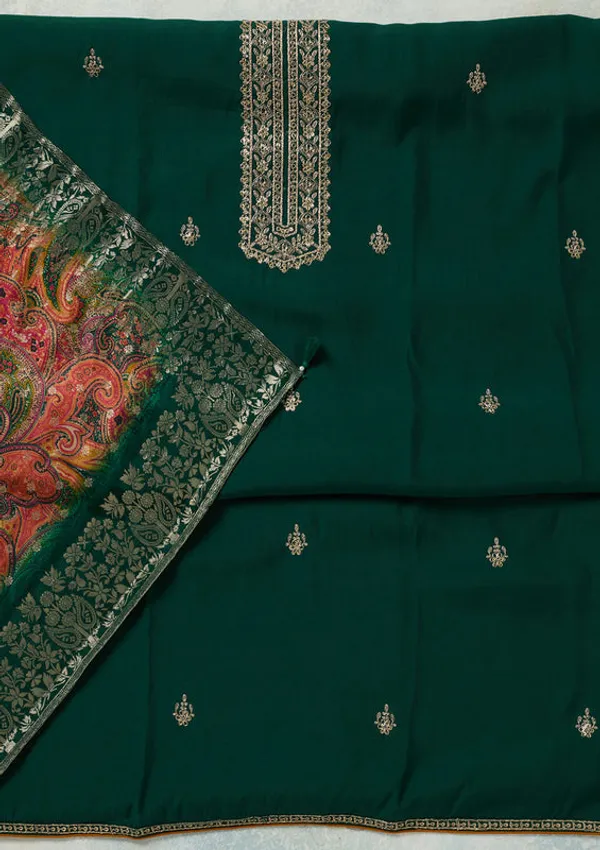Bottle_Green_Dola_Silk_Threadwork_Unstitched_Dress_Material_With_Matching_Bottom_And_Dupatta
