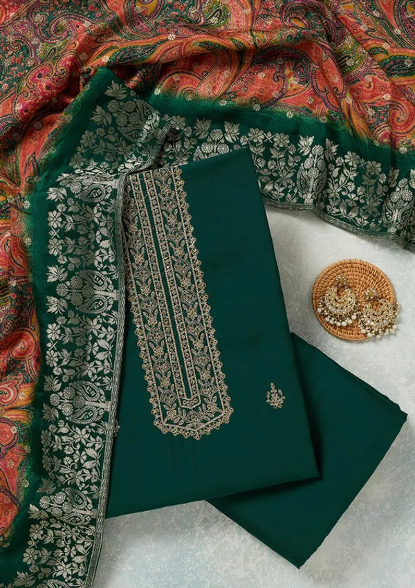 Bottle_Green_Dola_Silk_Threadwork_Unstitched_Dress_Material_With_Matching_Bottom_And_Dupatta