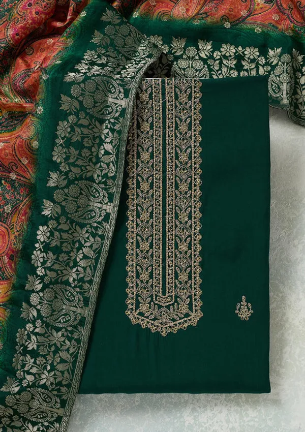 Bottle_Green_Dola_Silk_Threadwork_Unstitched_Dress_Material_With_Matching_Bottom_And_Dupatta