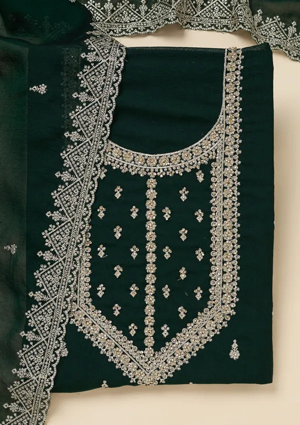 Bottle_Green_Soft_Raw_Silk_Gold_Zardozi_Work_Unstitched_Dress_Material_With_Matching_Bottom_And_Dupatta