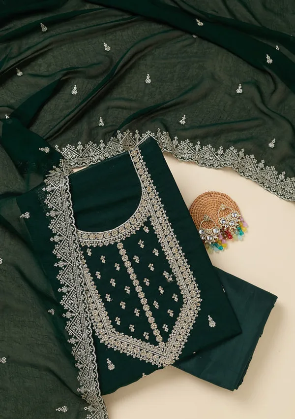 Bottle_Green_Soft_Raw_Silk_Gold_Zardozi_Work_Unstitched_Dress_Material_With_Matching_Bottom_And_Dupatta