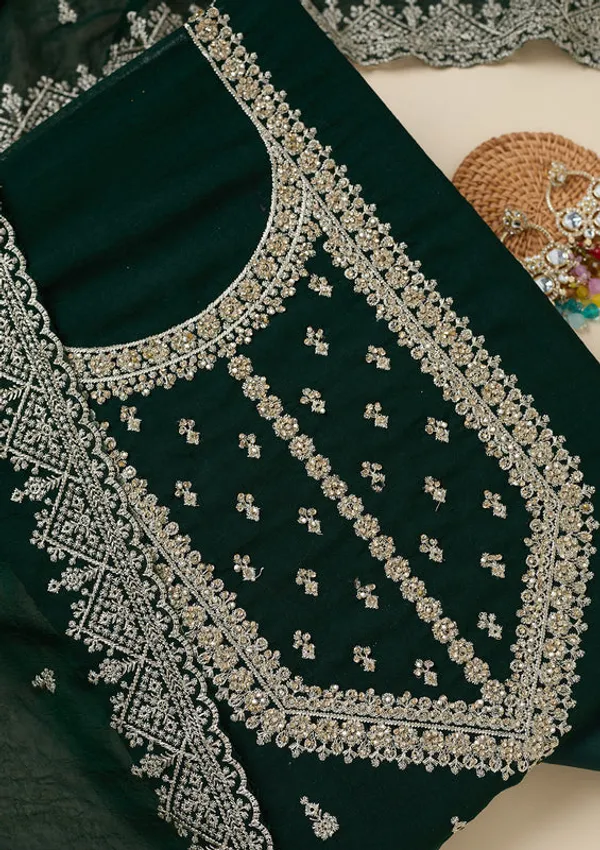 Bottle_Green_Soft_Raw_Silk_Gold_Zardozi_Work_Unstitched_Dress_Material_With_Matching_Bottom_And_Dupatta