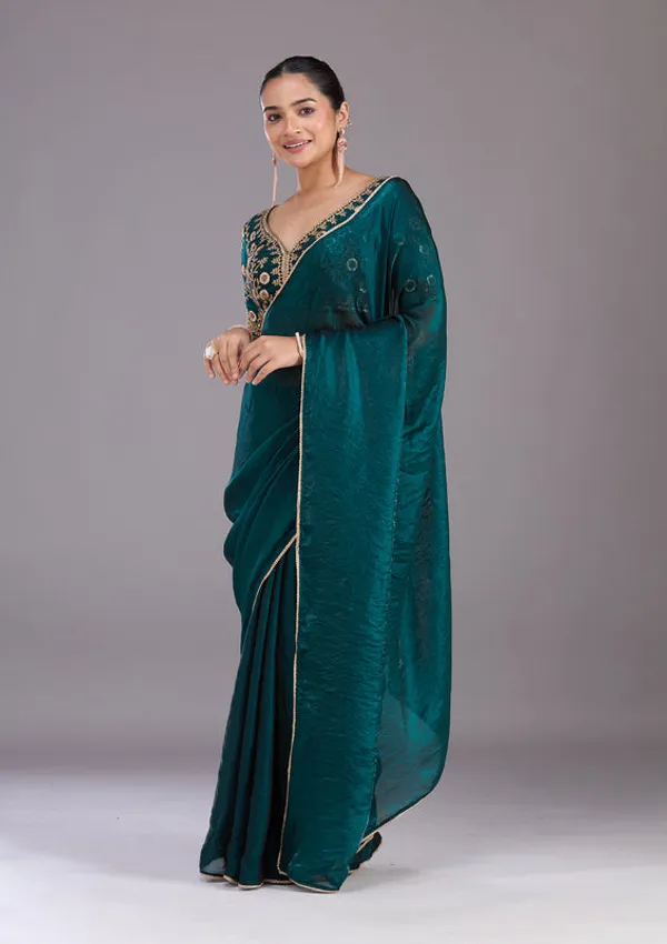 Bottle_Green_Tissue_Sequins_Saree_With_Matching_Blouse_Piece