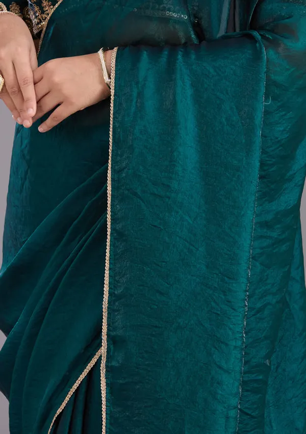 Bottle_Green_Tissue_Sequins_Saree_With_Matching_Blouse_Piece