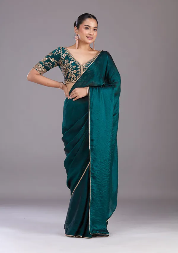 Bottle_Green_Tissue_Sequins_Saree_With_Matching_Blouse_Piece