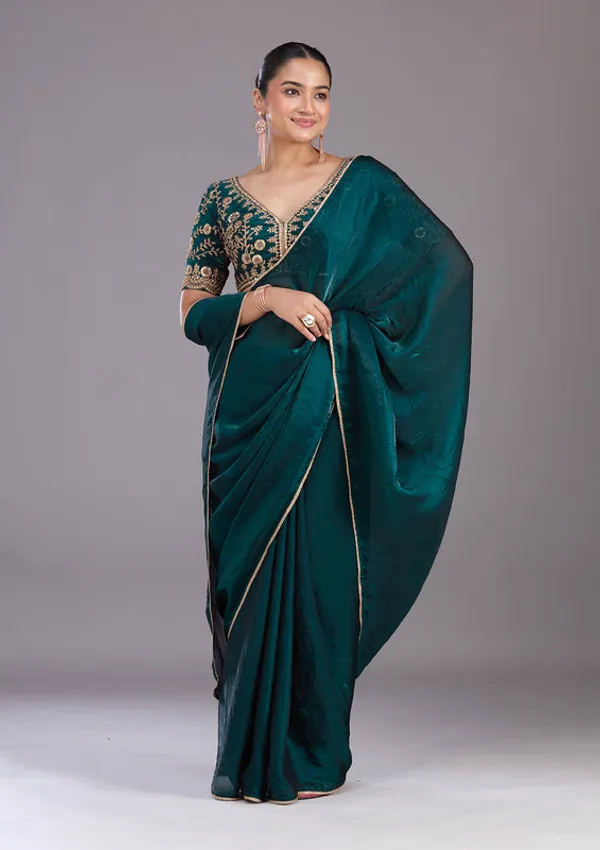 Bottle_Green_Tissue_Sequins_Saree_With_Matching_Blouse_Piece