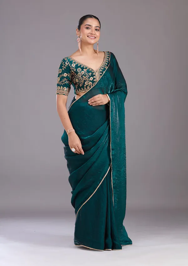 Bottle_Green_Tissue_Sequins_Saree_With_Matching_Blouse_Piece