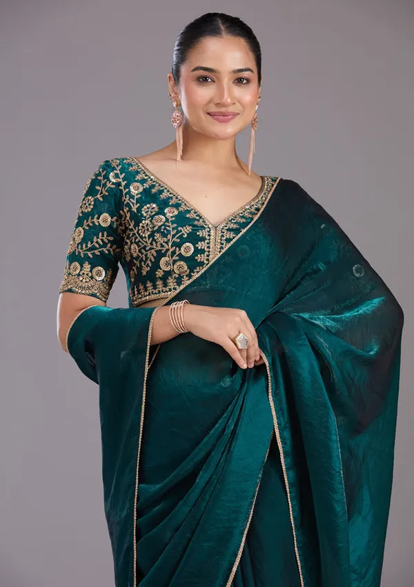 Bottle_Green_Tissue_Sequins_Saree_With_Matching_Blouse_Piece