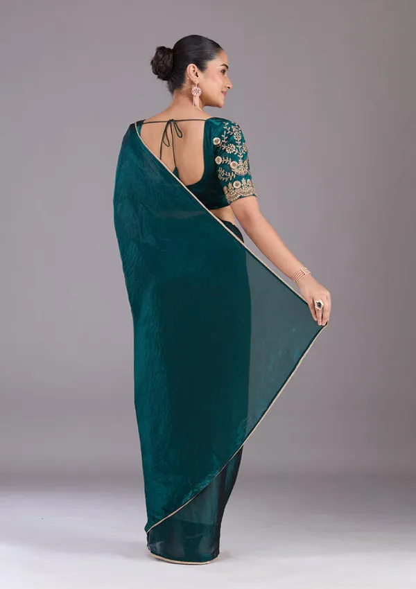 Bottle_Green_Tissue_Sequins_Saree_With_Matching_Blouse_Piece