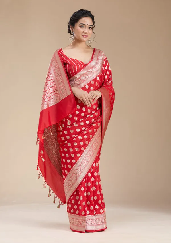 Red_Silk_Jaal_Gold_Zariwork_Saree_With_Matching_Blouse_Piece