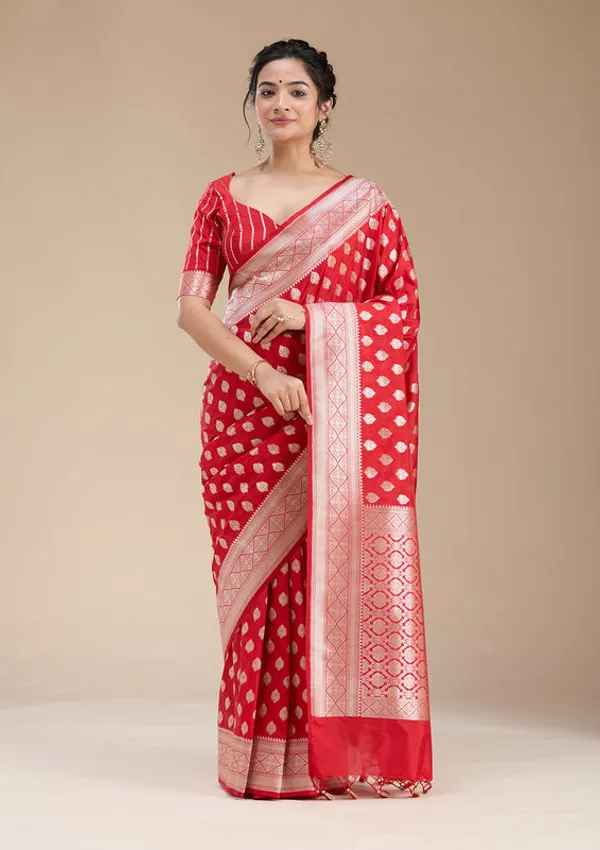 Red_Silk_Jaal_Gold_Zariwork_Saree_With_Matching_Blouse_Piece