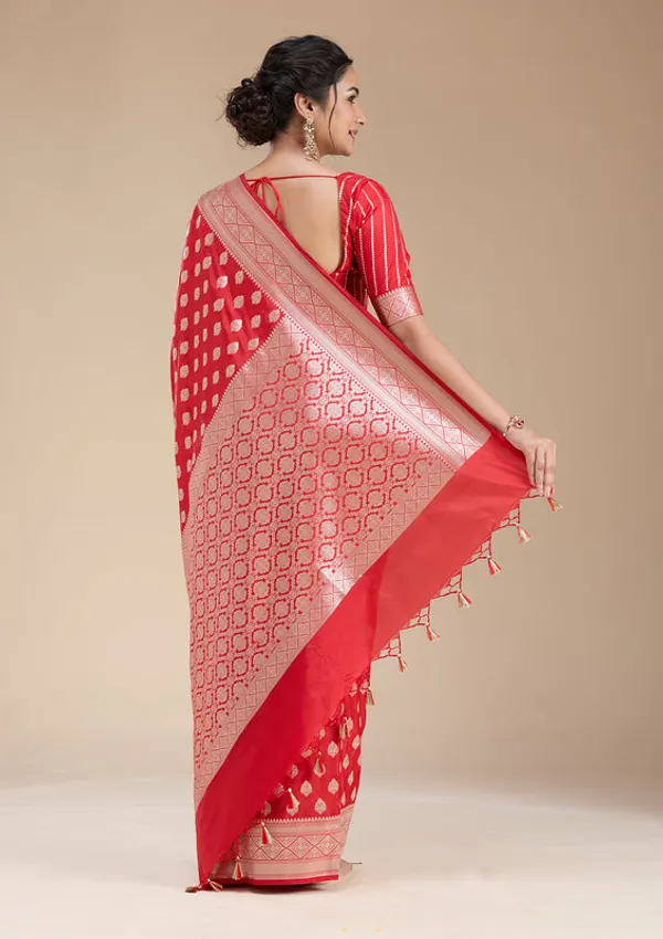 Red_Silk_Jaal_Gold_Zariwork_Saree_With_Matching_Blouse_Piece