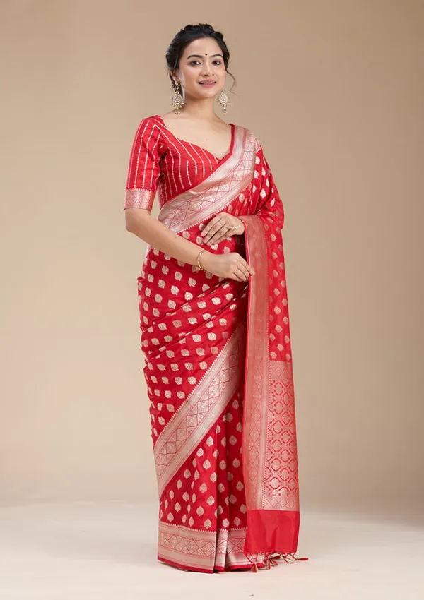 Red_Silk_Jaal_Gold_Zariwork_Saree_With_Matching_Blouse_Piece
