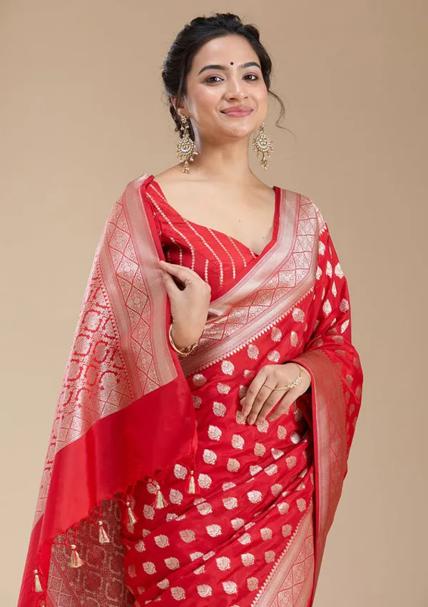 Red_Silk_Jaal_Gold_Zariwork_Saree_With_Matching_Blouse_Piece
