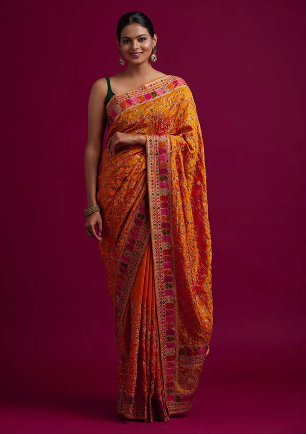Orange_Georgette_Gold_Zariwork_Saree_With_Matching_Blouse_Piece