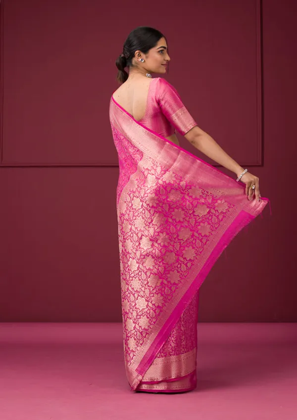 Rani_Pink_Silk_Jaal_Gold_Zariwork_Saree_With_Matching_Blouse_Piece