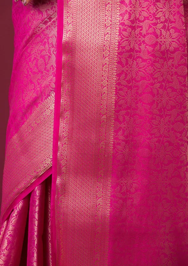 Rani_Pink_Silk_Jaal_Gold_Zariwork_Saree_With_Matching_Blouse_Piece